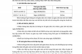 TRƯỜNG THCS – THPT CÔNG BỐ LỊCH BẮT ĐẦU NĂM HỌC 2021 -2022